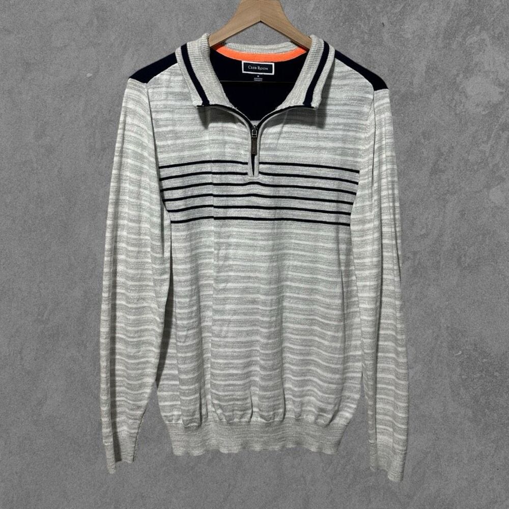CLUB ROOM | Striped Quarter Zip White & Navy Blue Ribbed Pullover Sweater M
